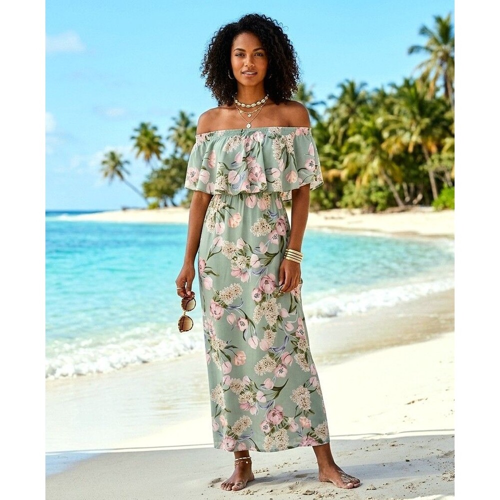 Show Me Your Mumu Green Maxi Dress S Floral Off Shoulder Resort Vacation Cruise
